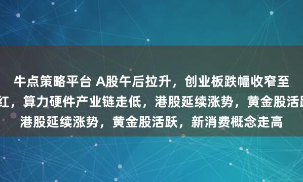 牛点策略平台 A股午后拉升，创业板跌幅收窄至1.2%，沪指午后翻红，算力硬件产业链走低，港股延续涨势，黄金股活跃，新消费概念走高